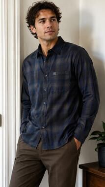 FB County Checker Shirt Men M Blue Black Plaid Long Sleeve Chicano Streetwear
